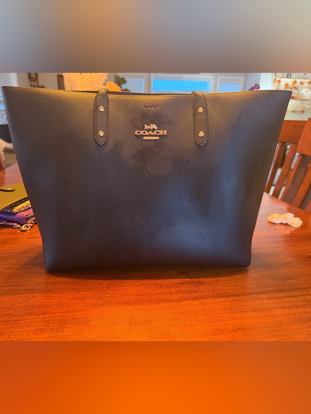 Coach Navy Blue Pebbled Leather Tote with Gold Logo